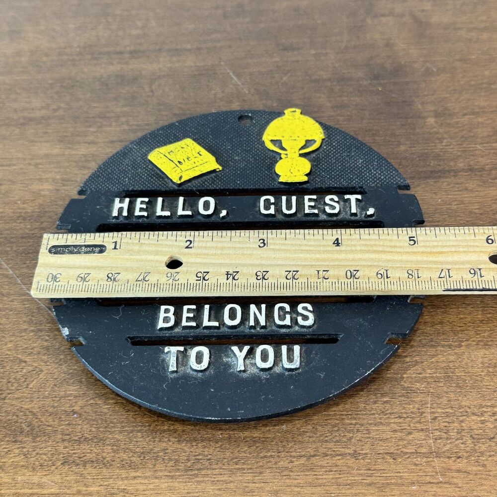 Vintage "HELLO, GUEST" Room Sign Plaque Cast Iron Black Yellow White Made in USA - Picture 3 of 5
